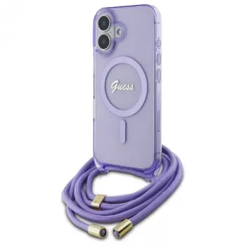 Guess GUHMP16SHCTSGNSU iPhone 16 6,1 inch paarse hardcase crossbody koord Script MagSafe