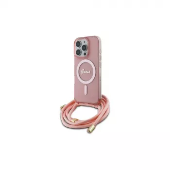Guess GUHMP16LHCTSGNSP iPhone 16 Pro 6,3 inch roze hardcase crossbody koord Script MagSafe