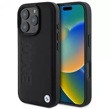 BMW Hot Stamp Leather hardcase voor iPhone 16 Pro 6,3 inch zwart