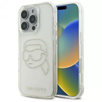 Karl Lagerfeld IML Rhinestones Karl Head Back Cover voor iPhone 16 Pro Max (transparant)