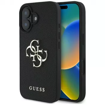 Guess Grained Big 4G Logo Small Classic Logo hoesje voor iPhone 16 (zwart)