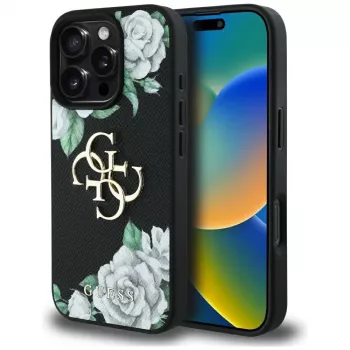 Guess Grained Roses Big 4G Logo Case voor Apple iPhone 16 Pro, zwart