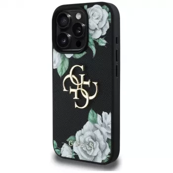 Guess Grained Roses Big 4G Logo Case voor Apple iPhone 16 Pro, zwart