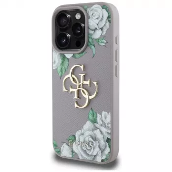 Guess Grained Roses Big 4G Logo Back Cover voor Apple iPhone 16 Pro - paars
