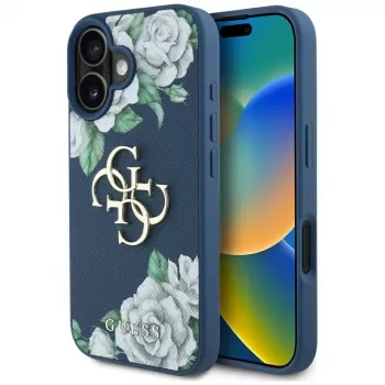 Guess Grained Roses Big 4G Logo Case voor Apple iPhone 16 - blauw