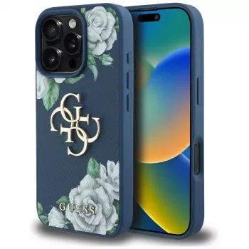 Guess Grained Roses Big 4G Logo Back Cover Case voor Apple iPhone 16 Pro - blauw