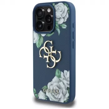 Guess Grained Roses Big 4G Logo Back Cover Case voor Apple iPhone 16 Pro - blauw