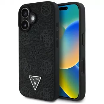 Guess Grained Hot Stamp Peony Triangle Logo MagSafe Case voor iPhone 16 (zwart)
