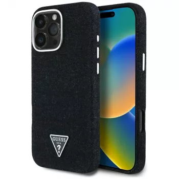 Guess Denim Triangle Logo MagSafe Case voor Apple iPhone 16 Pro, zwart