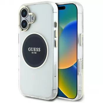 Guess IML Metal Colored Circle Classic Logo MagSafe Case voor iPhone 16 (zwart)