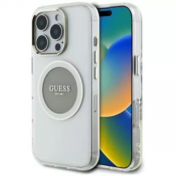 Guess IML Metal Colored Circle Classic Logo MagSafe Case voor iPhone 16 Pro (grijs)