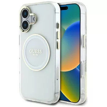 Guess IML Metal Colored Circle Classic Logo MagSafe Case voor iPhone 16 (wit)