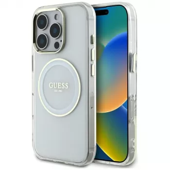 Guess IML Metal Colored Circle Classic Logo MagSafe Case voor iPhone 16 Pro Max (wit)