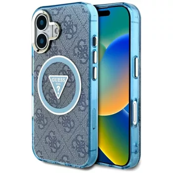 Guess IML Metal Glitter 4G Circle Triangle MagSafe Case voor iPhone 16 (blauw)