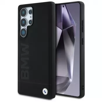 BMW Leather Big Wordmark Case voor Samsung Galaxy S25 Ultra zwart
