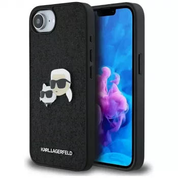 Karl Lagerfeld Fixed Glitter Karl & Choupette Heads Metal Pin-hoesje voor Apple iPhone 16e (zwart)