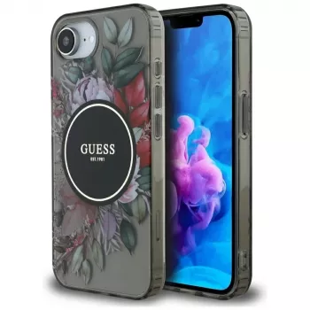 Guess IML Flowers MagSafe Case voor iPhone 16e (zwart)