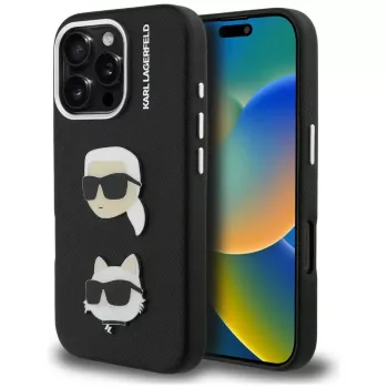 KARL LAGERFELD FW Grained Karl & Choupette Heads Pins Case voor iPhone 16 Pro Max, zwart