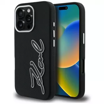KARL LAGERFELD FW Grained Signature Logo Case voor iPhone 16 Pro Max zwart
