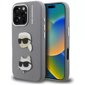 KARL LAGERFELD FW Grained Karl & Choupette Heads Pins Case voor iPhone 16 Pro Max, grijs