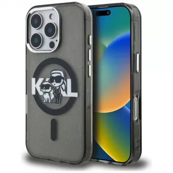 Karl Lagerfeld IML Glitter Karl & Choupette Sketch Logo MagSafe Case voor iPhone 16 Pro Max zwart