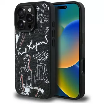 KARL LAGERFELD Grained Pattern & Logo MagSafe Case voor iPhone 16 Pro, zwart