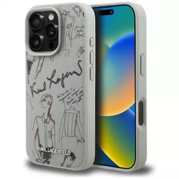 KARL LAGERFELD Grained Pattern & Logo MagSafe Case voor Apple iPhone 16 Pro Max - grijs