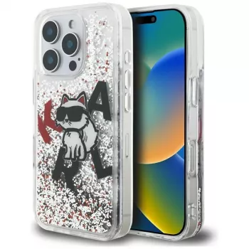 Karl Lagerfeld Liquid Glitter Choupette Logo Case voor Apple iPhone 16 Pro Max, transparant
