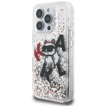 Karl Lagerfeld Liquid Glitter Choupette Logo Case voor Apple iPhone 16 Pro Max, transparant