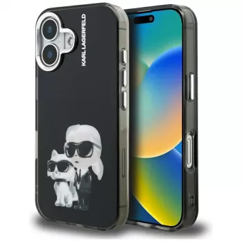 KARL LAGERFELD IML Aquarelle Karl & Choupette & Logo Back Cover voor Apple iPhone 16, zwart