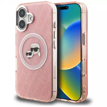 KARL LAGERFELD IML Glitter Karl & Choupette Heads Logo MagSafe Case voor Apple iPhone 16 - roze