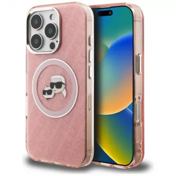 KARL LAGERFELD IML Glitter Karl & Choupette Heads Logo MagSafe Case voor iPhone 16 Pro Max, roze