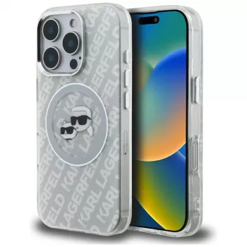 KARL LAGERFELD IML Glitter Karl & Choupette Heads Logo MagSafe Case voor iPhone 16 Pro grijs