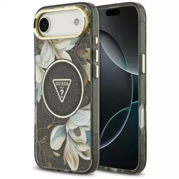 Guess IML Glitter Flowers Triangle MagSafe-hoesje voor iPhone Air - zwart