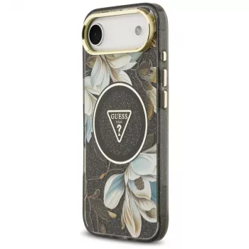 Guess IML Glitter Flowers Triangle MagSafe-hoesje voor iPhone Air - zwart