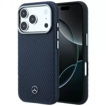 Mercedes Leather Semi Wrap Wood Effect MagSafe Case voor iPhone 17 Pro Max navy blue