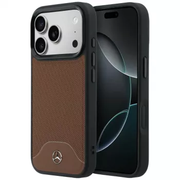 Mercedes lederen MagSafe-hoesje met houteffect en curve voor iPhone 17 Pro Max camel