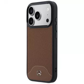 Mercedes lederen MagSafe-hoesje met houteffect en curve voor iPhone 17 Pro Max camel