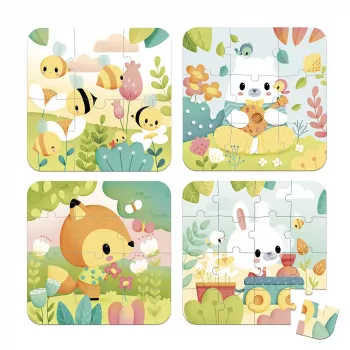 Janod Pure progressief puzzelset in koffer - Dieren - 4 puzzels (6, 9, 12, 16 stukjes) - vanaf 2 jaar - Gemaakt in Frankrijk