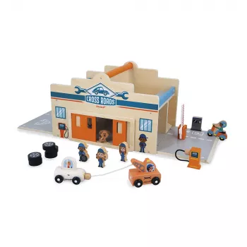 Janod Houten Garage met Figuren en Openingsmechanisme Cross Roads 2+