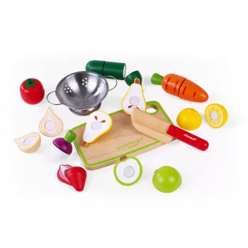 Janod Houten Fruit- en Groente Snijdoos Set - 18 stuks Speelkeukenaccessoires met Mes en Snijplank