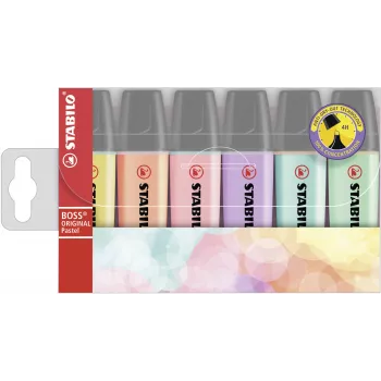 STABILO BOSS ORIGINAL markeerstift set - 6 stuks - pastelkleuren assorti - beitelpunt - 2 mm / 5 mm - inkt op waterbasis