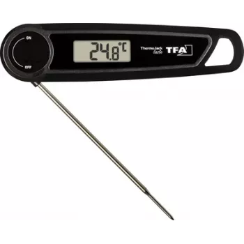 TFA THERMO JACK TASTE digitale keukenthermometer met timer en alarm, RVS sonde, 160 mm, -50 tot +300 °C, LCD-display, zwart/wit