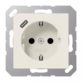 JUNG A 1520-18 C SCHUKO-stopcontact 16 A met USB-oplader (JUNG Quick Charge) 1 x Type-C, Safety Plus, serie AS, wit (ivory)