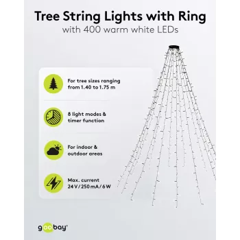 Goobay 400-LED boomlichtketting met ring, 16 x 1,5 m, warmwit 2500 K, 8 lichtmodi, timer en memory-functie, 24-V-DC-trafo extern, IP44 voor binnen en buiten (60387)