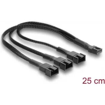 Delock ventilator kabel splitter 1 x 4-pins PWM female naar male + 2 x 4-pins (3 pins bedraad) male met gevlochten sleeve 25 cm zwart