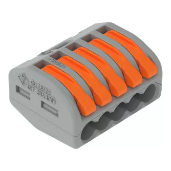 WAGO 222-415 5-geleider compact klemmenblok met hefboom, veerkrachtansluiting, 32 A, 400 V, grijs/oranje