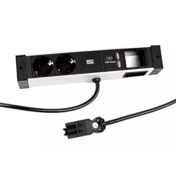 Bachmann DESK Rail stekkerdoos met 2 Schuko-stopcontacten en 2 USB-laadaansluitingen, 2m kabel, zilver/zwart