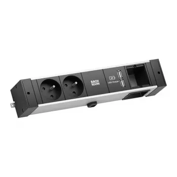 Bachmann Desk Rail - 2 m - indoor - type E - aluminium - kunststof - zwart - zilver - 2 AC-stopcontacten