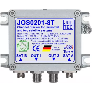 JULTEC JOS0201-8T Unicable II / JESS eenkabelconverter met 2x optische satelliet- en 1x optische terrestrische ingang, 8x F-type-uitgang, FC/PC-aansluitingen
